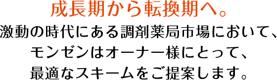 成長期から成熟期へ。激動の時代にある調剤薬局市場において、モンゼンは完全中立の下、最適なスキームをご提案します。